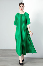High Quality Printed Round Neck Lace Up Belt Maxi Pleated Long Dress