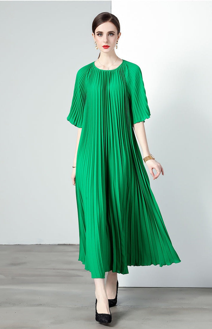 High Quality Printed Round Neck Lace Up Belt Maxi Pleated Long Dress