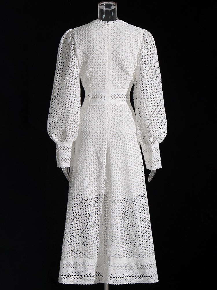 Vintage dresses round neck, flare sleeve, high waist, hollow out patchwork, high quality embroidery