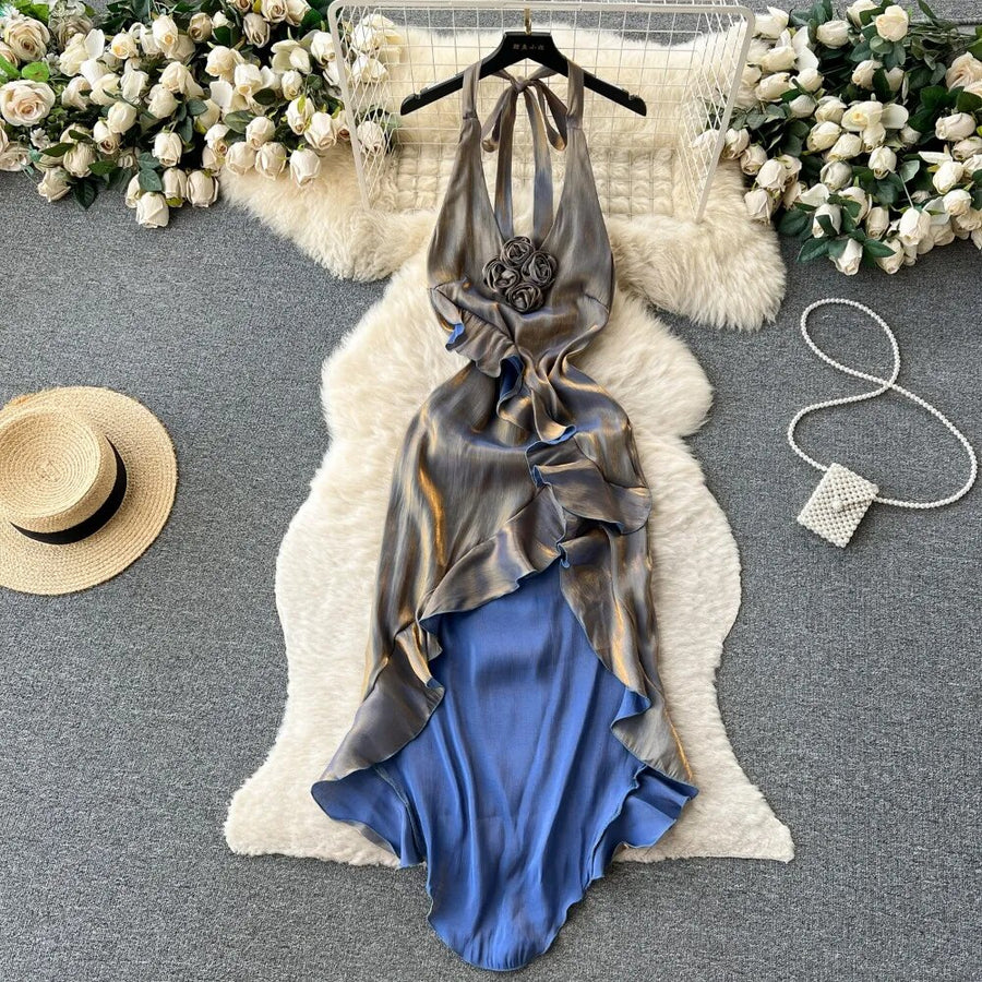 Elegant Floral Ruffles Sleeveless Backless Bodycon High Waist High Quality Dress