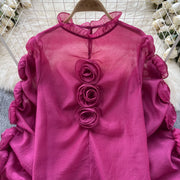 3D Floral Sheer Shirt Ruffle Collar Long Sleeve High Quality