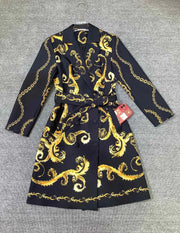 High quality vintage yellow flower print double breasted belt elegant coat.