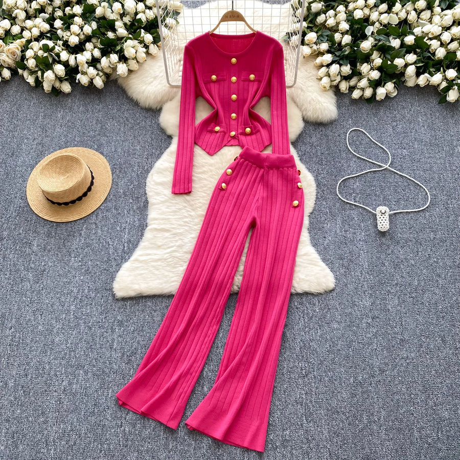 Two Piece Sets Elegant Long Sleeve Button Top + Elastic Long Pants