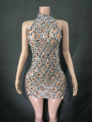 Sheer tight fit short dress with shiny pink sequins and diamonds