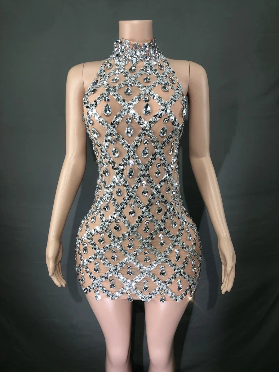 Sheer tight fit short dress with shiny pink sequins and diamonds