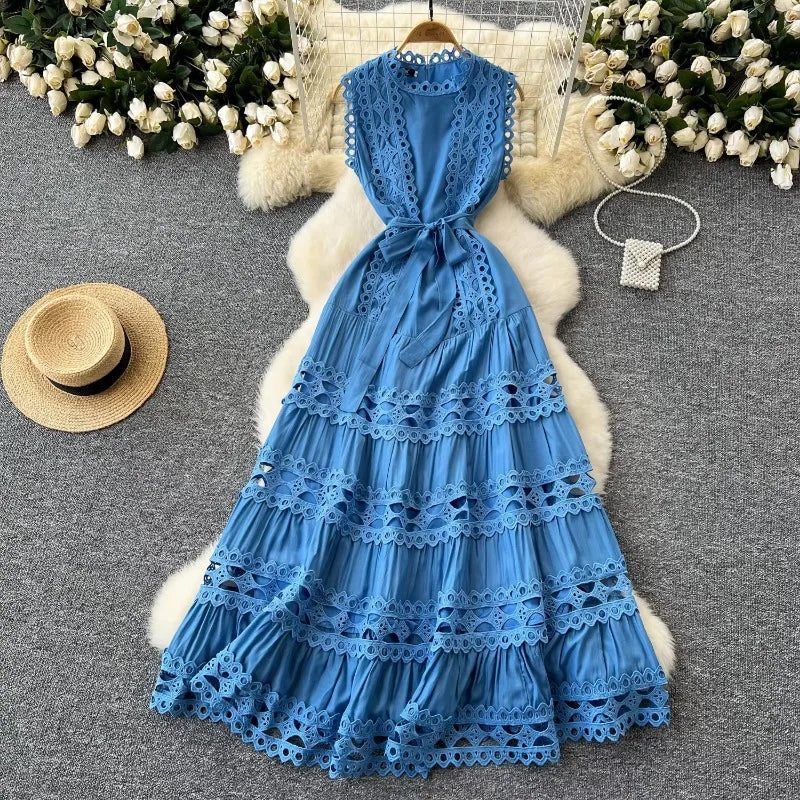 Sexy Hollow Out Embroidery Round Neck Sleeveless Bandage Long Dresses High Quality