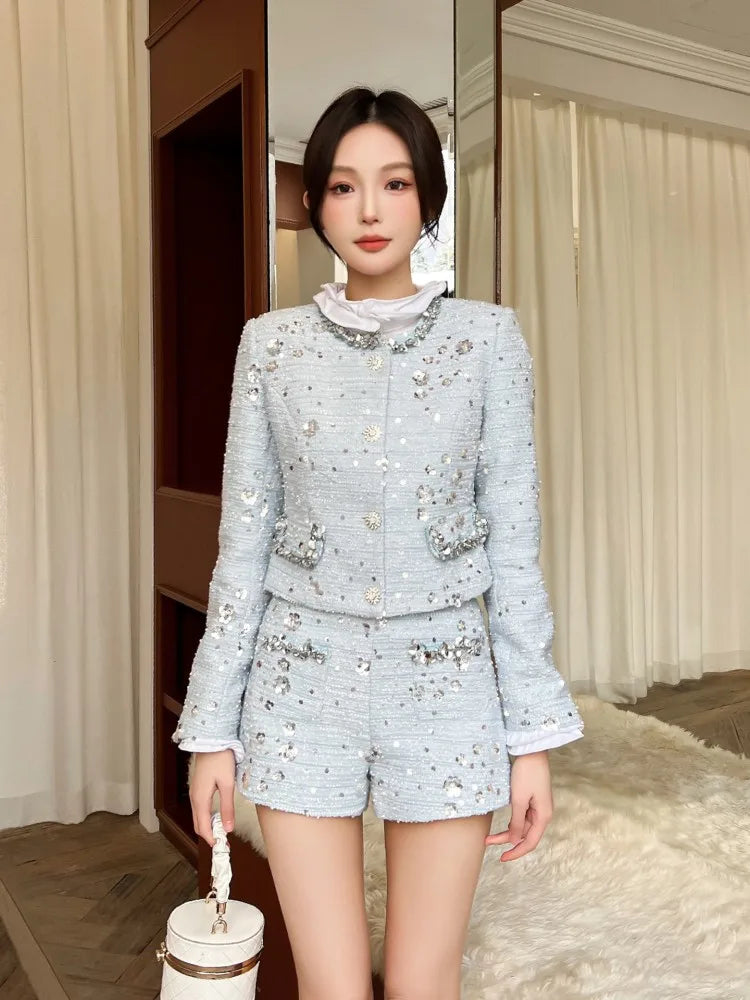 Elegant Women Autumn Shiny Sequined Diamonds Jacket Shorts Two Piece Set Slim Fit Party Outfits Office Ladies Work Matching Sets