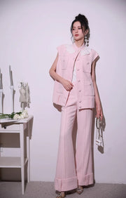 Sweet Pink Lace Collar Women Vest Sets Loose Fit Multi Pocket Sleeveless Jacket Two-Piece Set Full Length Wide Leg Pant Outfits