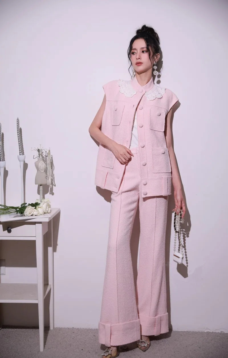 Sweet Pink Lace Collar Women Vest Sets Loose Fit Multi Pocket Sleeveless Jacket Two-Piece Set Full Length Wide Leg Pant Outfits