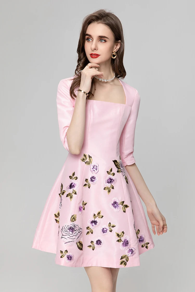 High Quality Elegant Flower Embroidery Pink Black Square Collar Half Sleeve Women Mini Dress