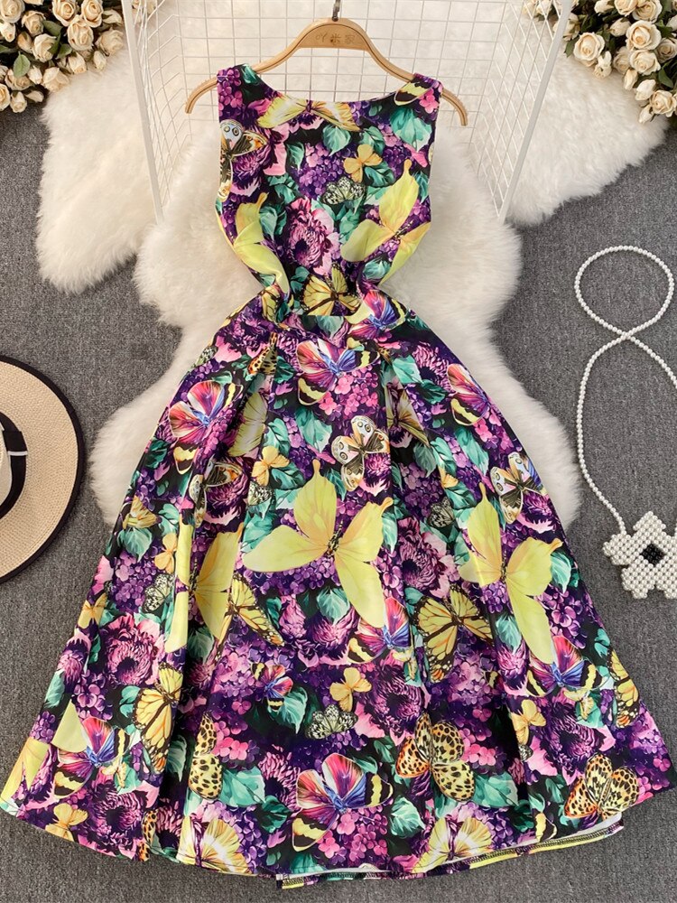 High Quality O Neck Sleeveless Floral Midi Dress