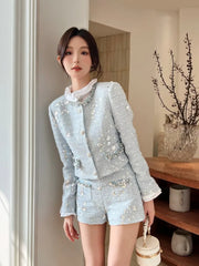 Elegant Women Autumn Shiny Sequined Diamonds Jacket Shorts Two Piece Set Slim Fit Party Outfits Office Ladies Work Matching Sets