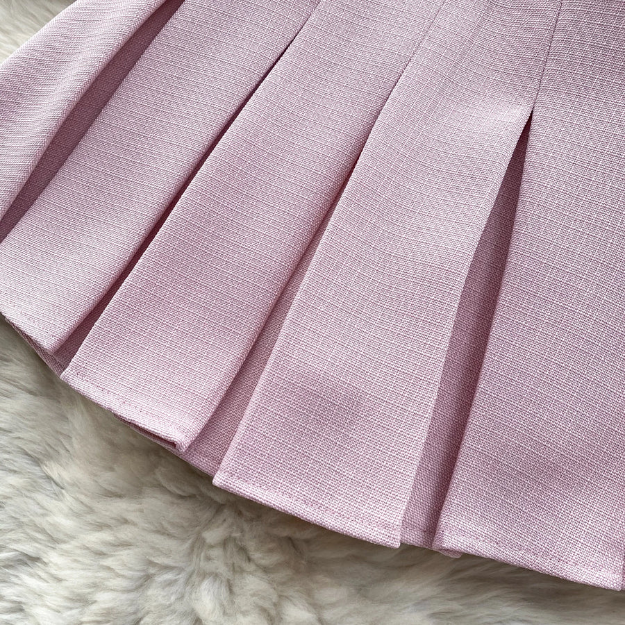 Spring Women's Color Block Short Cardigan Coat + High Waisted Pleated Half Skirt Two Piece Set