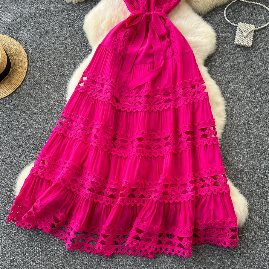 Sexy Hollow Out Embroidery Round Neck Sleeveless Bandage Long Dresses High Quality