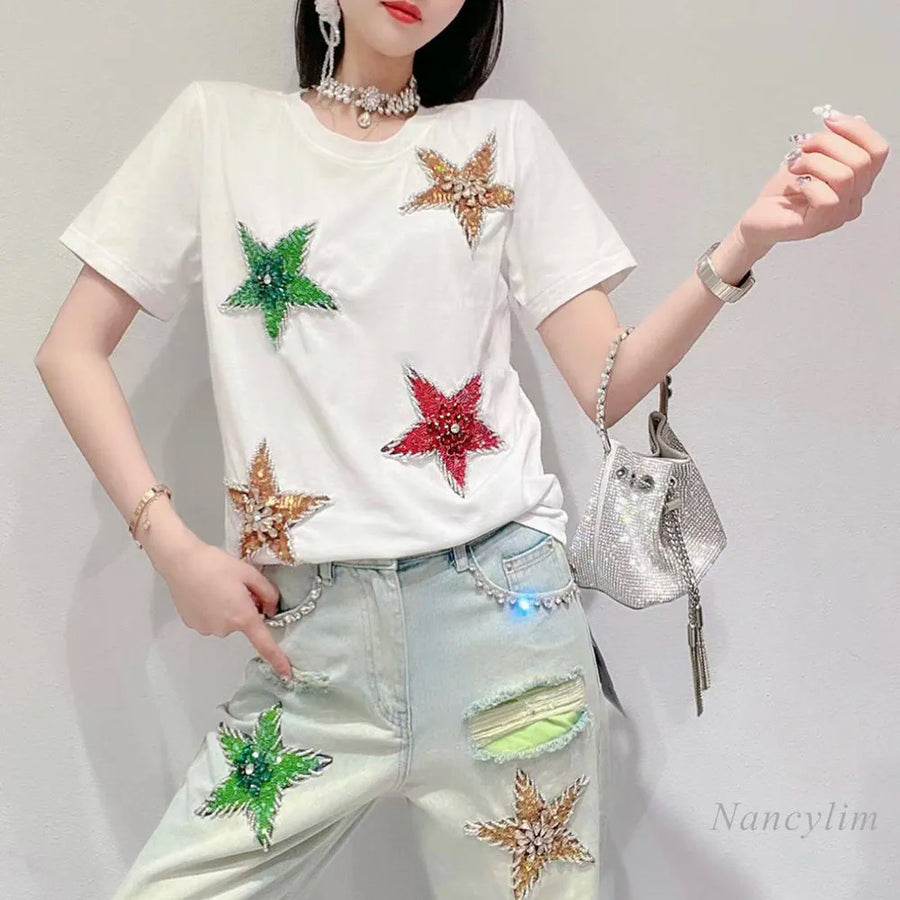 Design Sense Exquisite Rhinestone Five-pointed Star Short-Sleeved T-shirt for Women Summer New Loose Embroidered Tops Tees