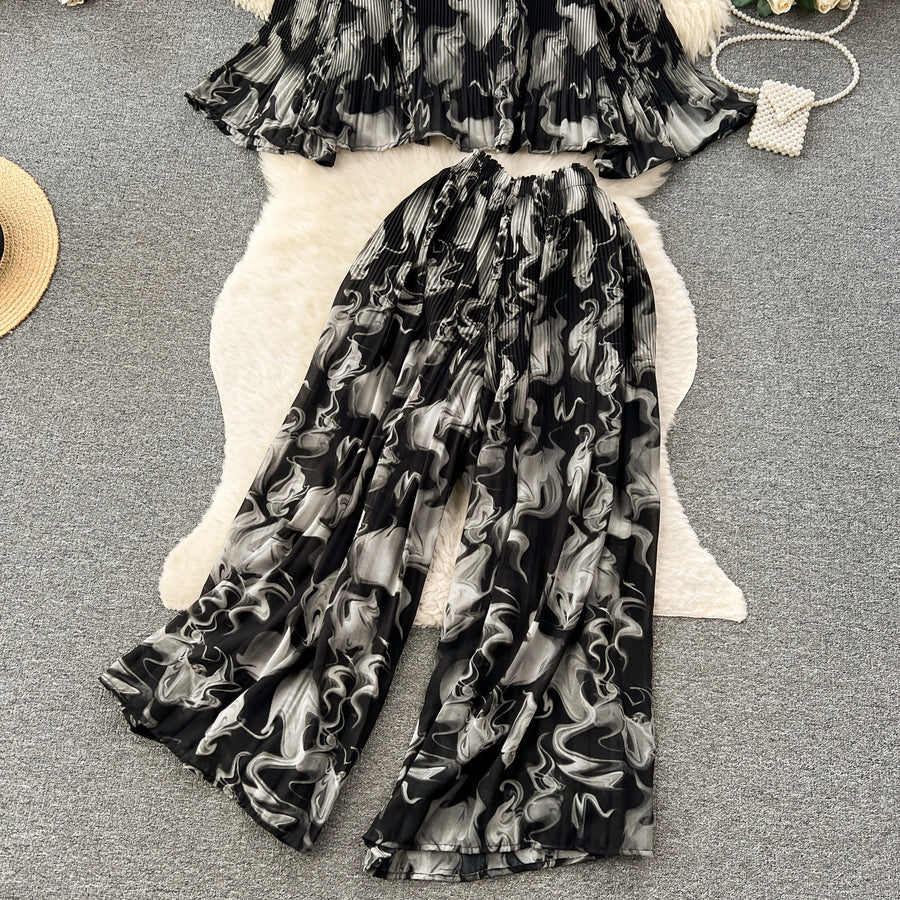 Autumn Women Draped Two Piece Set Bohemian Female Floral Pleated Short Blouse + High Waist Wide Leg Pants Chiffon Suit 2Pcs New