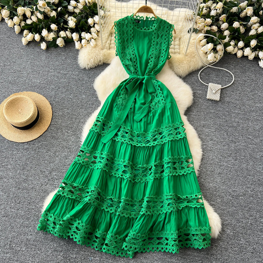 Sexy Hollow Out Embroidery Round Neck Sleeveless Bandage Long Dresses High Quality