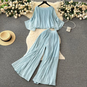 Casual Two Piece Set Loose Shirt+High Waist Straight Pants