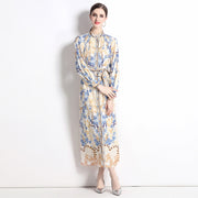 Vintage Flower Print Long Dress Stand Collar Flare Sleeve Loose Waist Lace Up Belt Buttons High Quality