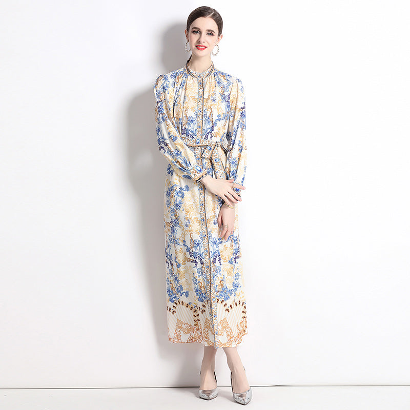 Vintage Flower Print Long Dress Stand Collar Flare Sleeve Loose Waist Lace Up Belt Buttons High Quality
