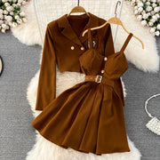 Preppy Style Autumn Two Piece Sets Womens Outifits Women Set Full Button Coat Spaghetti Strap Bra Pleated Dresses Dropshipping