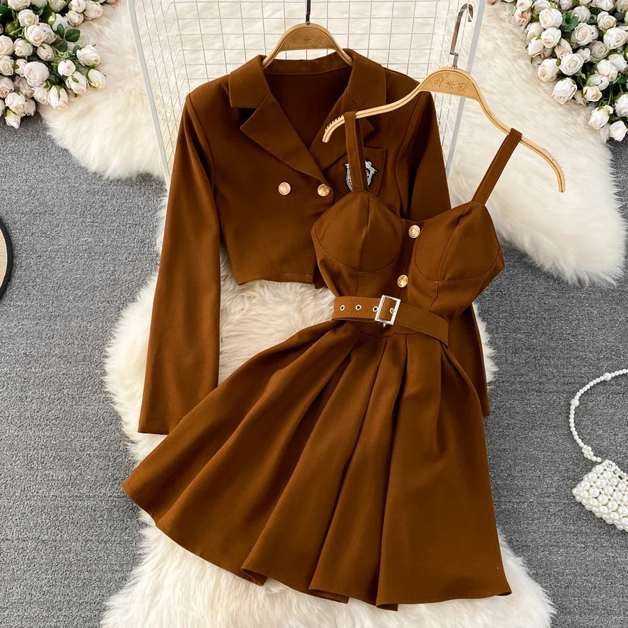 Preppy Style Autumn Two Piece Sets Womens Outifits Women Set Full Button Coat Spaghetti Strap Bra Pleated Dresses Dropshipping