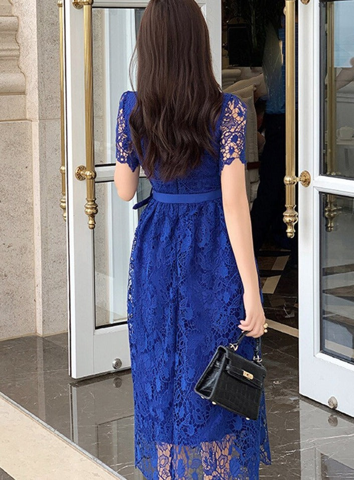 High Quality Flower Embroidery Water Soluble Lace Hollow Out Square Neck Belted Elegant Dress