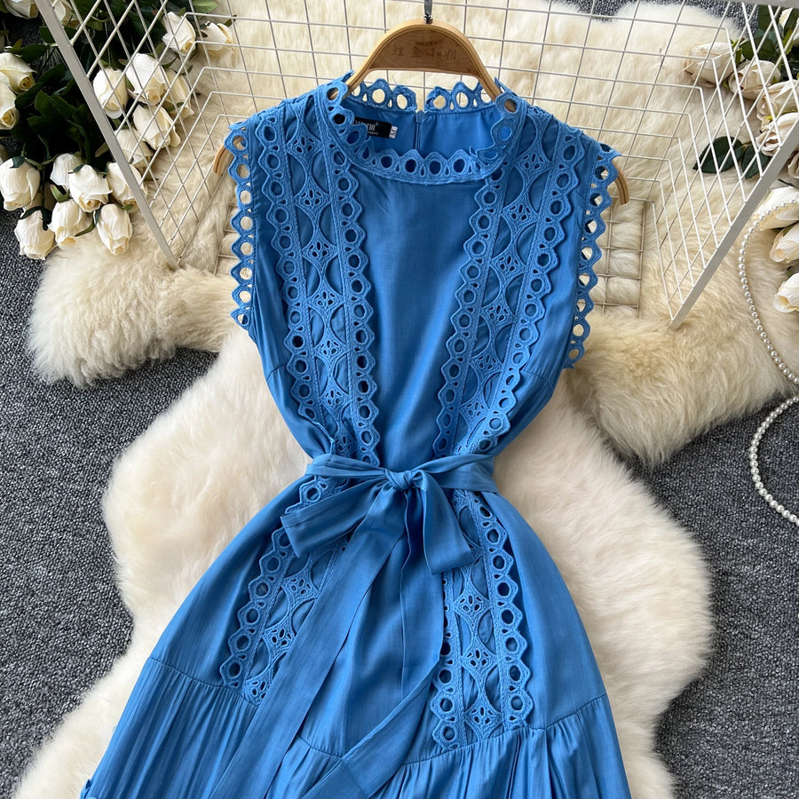 Sexy Hollow Out Embroidery Round Neck Sleeveless Bandage Long Dresses High Quality