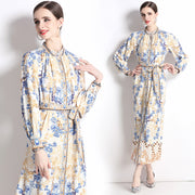 Vintage Flower Print Long Dress Stand Collar Flare Sleeve Loose Waist Lace Up Belt Buttons High Quality