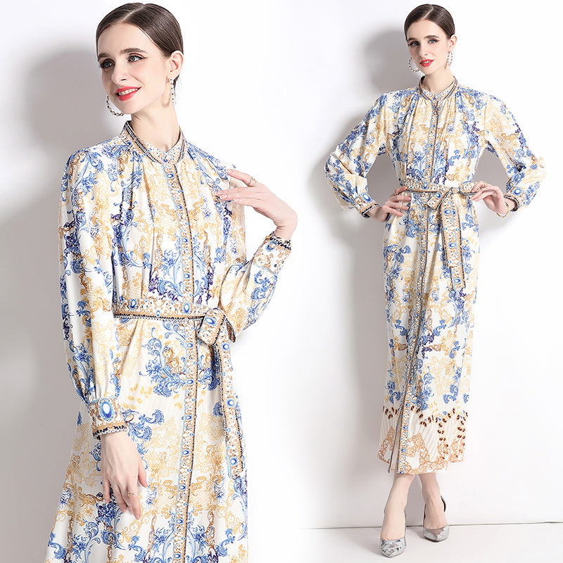 Vintage Flower Print Long Dress Stand Collar Flare Sleeve Loose Waist Lace Up Belt Buttons High Quality