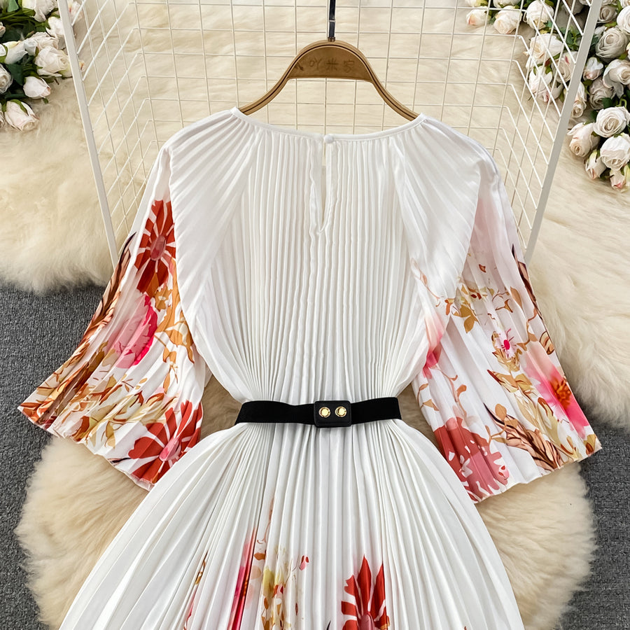 High Quality High Waist Short Sleeve Color Print Pleated O-Neck Dress