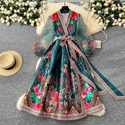 High quality vintage palace print French style elegant evening dress