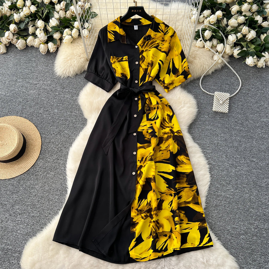 Chic Single Breasted Spliced Elegant Korean Fashion Fairy Sexy High Waist Vestidos Summer High Street Women Vacation