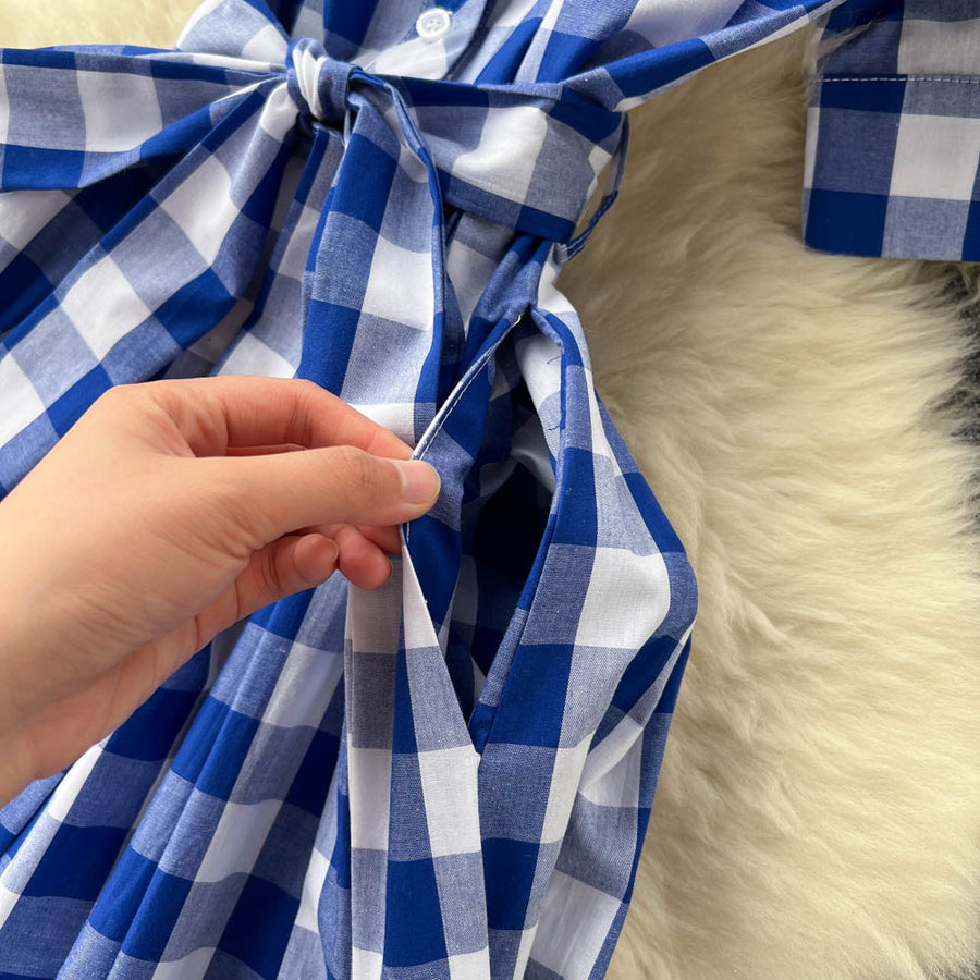 Blue and White Plaid Shirt Dress Short Sleeve Cross Sashes Lace Up Vintage Midi High Quality
