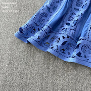 Summer Embroidery Maxi Dress Two Piece Set Women Blue Hollow Lace Long Sleeve Blouse Shirts 3pcs Sets Elastic Waist Skirts Suits