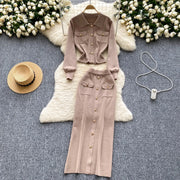High quality two piece outfits with long sleeves and turn-down collar, buttons and pencil skirt