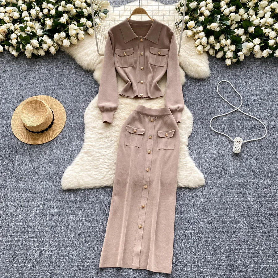 High quality two piece outfits with long sleeves and turn-down collar, buttons and pencil skirt