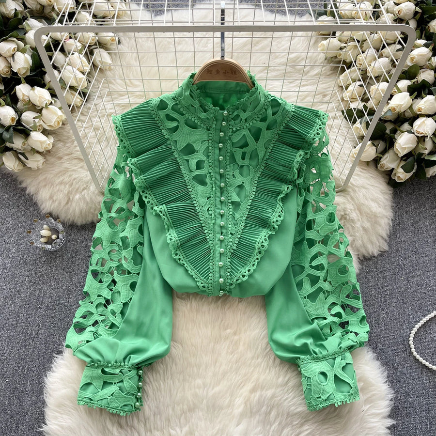 High Quality Pearl Long Sleeve Embroidered Blouse