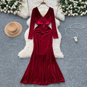 Velvet Dresses Elegant V Neck Vintage Long Sleeve Slim Pleated High Quality