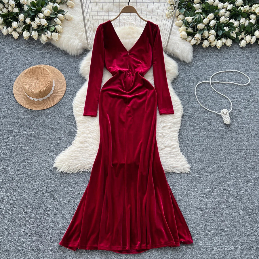 Velvet Dresses Elegant V Neck Vintage Long Sleeve Slim Pleated High Quality