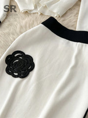 Elegant Two Piece Knit Set Winter Flower Design Long Sleeve Pullover Elastic Waist Long Skirt Fashion Sweater Suit