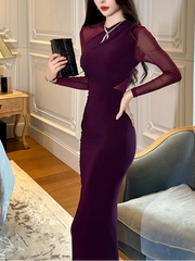 Women's French Sexy Midi Dress Woman Elegant Black Purple