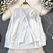High Quality 3D Floral Lace Up Long Sleeve V Neck Ruffle Blouse Top