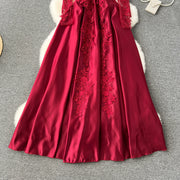 High Quality Vintage Floral Embroidery Mesh Long Sleeve Red Dresses
