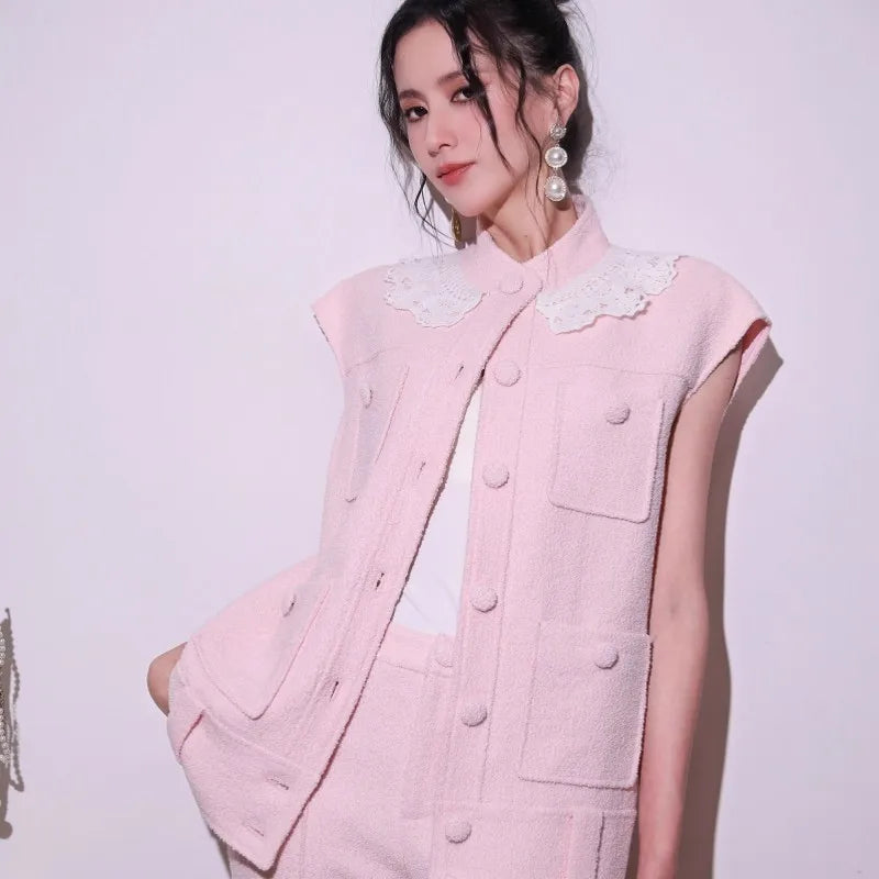 Sweet Pink Lace Collar Women Vest Sets Loose Fit Multi Pocket Sleeveless Jacket Two-Piece Set Full Length Wide Leg Pant Outfits