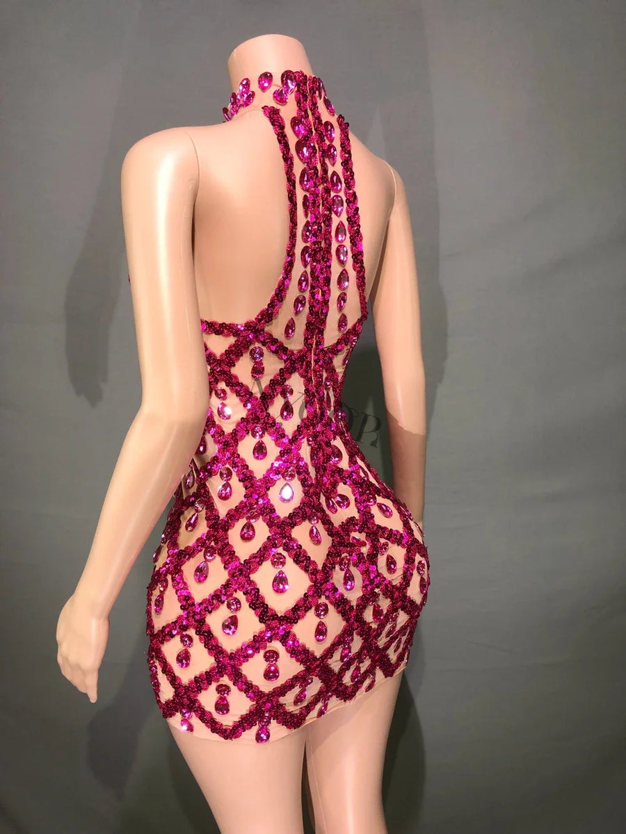 Sheer tight fit short dress with shiny pink sequins and diamonds