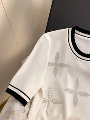 Patchwork Short Sleeve Round Neck Beaded Knitted T-shirt