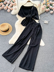 Royal style two-piece set, off-shoulder with high-quality wide-leg pants