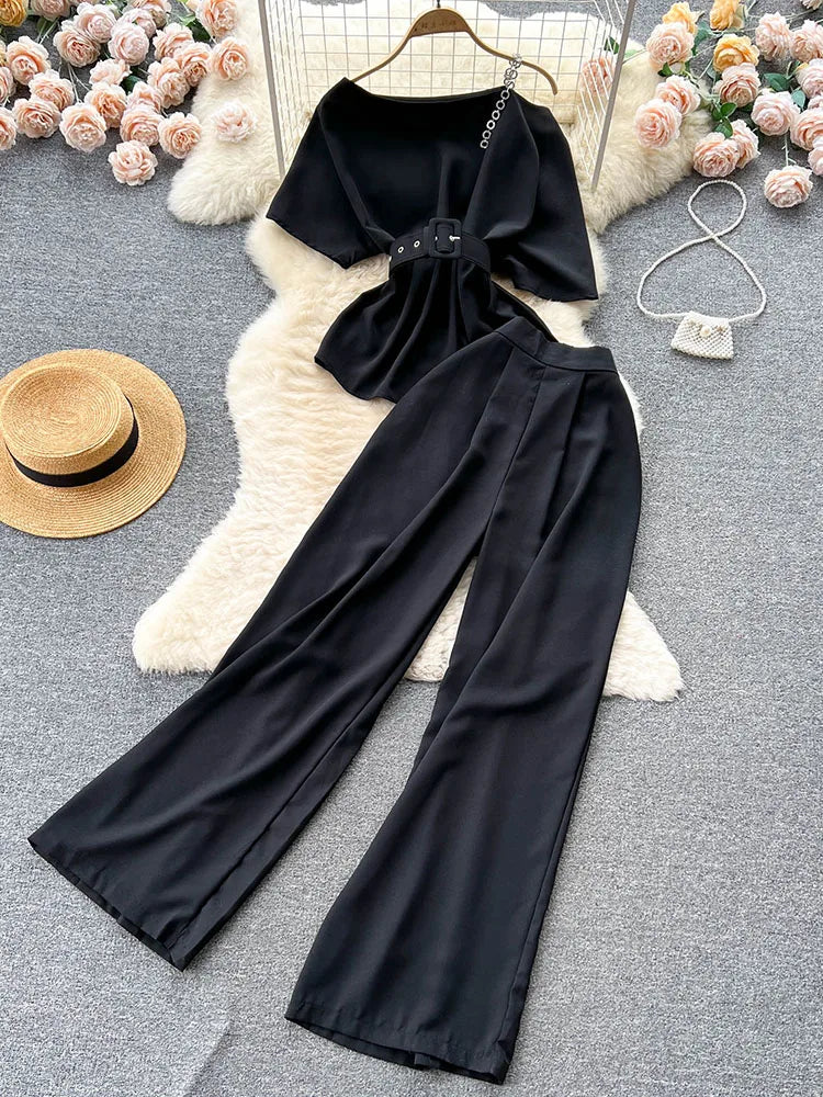 Royal style two-piece set, off-shoulder with high-quality wide-leg pants