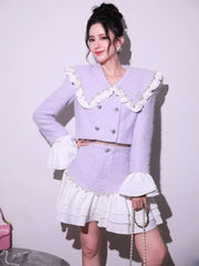 Fashion Sweet Office Lady Pearl Jacket Sets Double Breasted Ruffles Spliced Coat Outfits Light Purple Mini Skirt Two-Piece Set